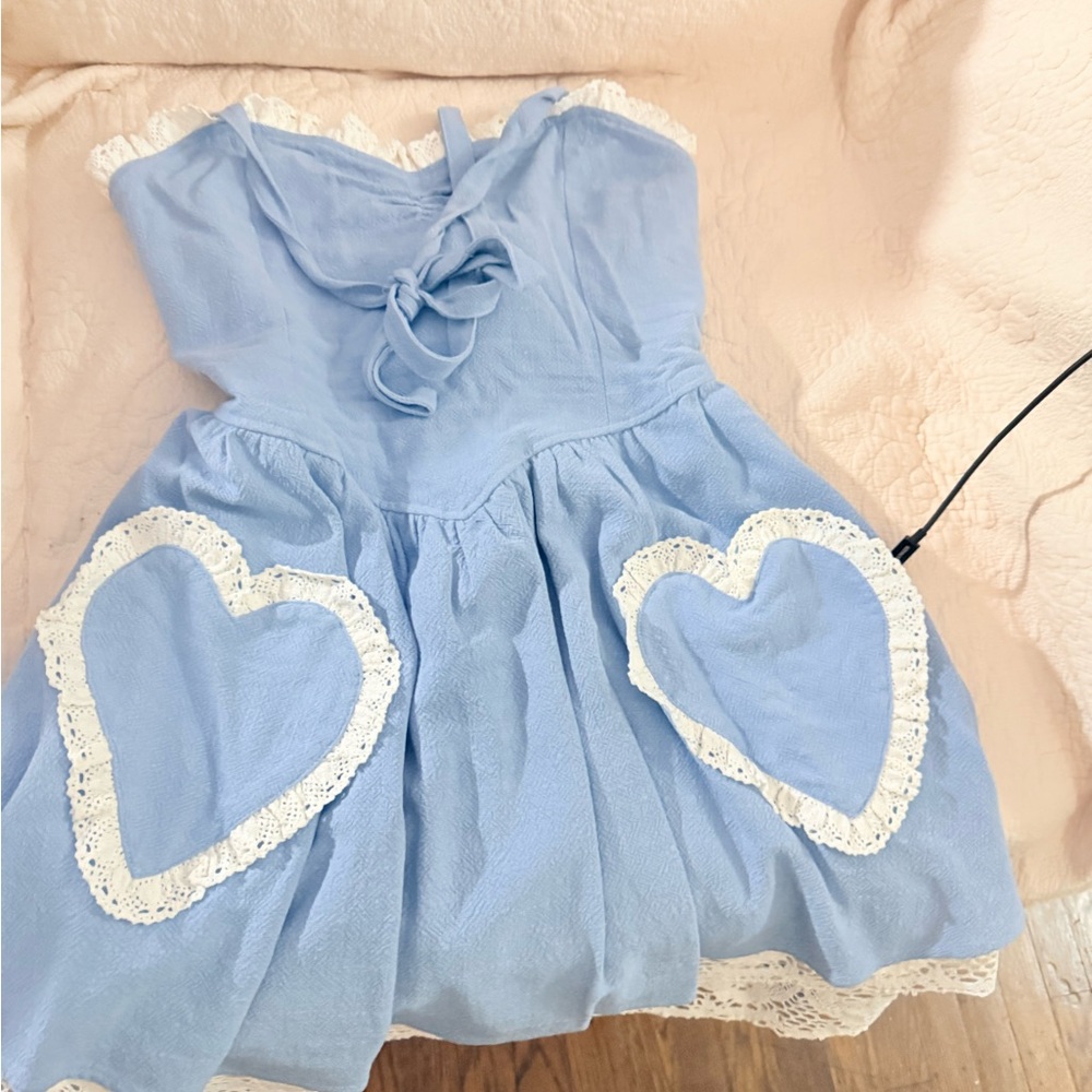 Fashion Brand Company Light Blue Sweetheart Linen Mini Dress with Heart Pockets
